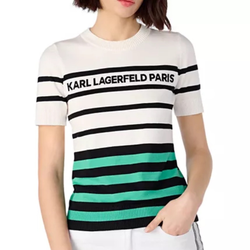 Karl Lagerfeld Paris Striped Knit Top Black White Green Logo Chic Preppy Parisia